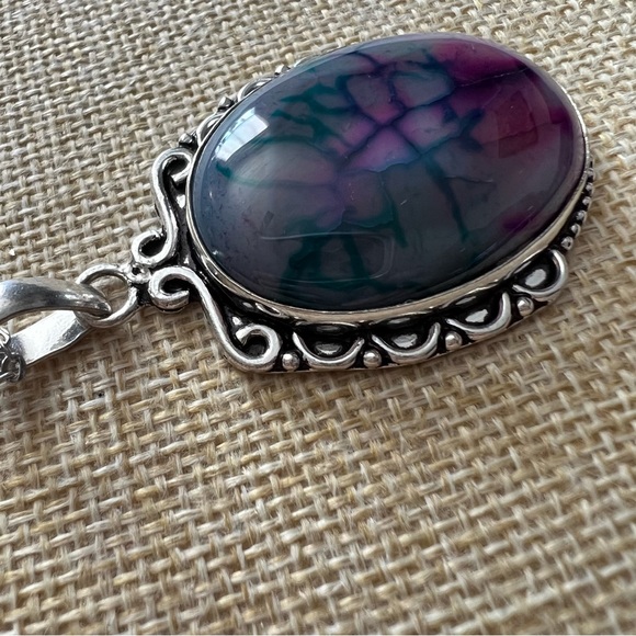 New Dragon Veined Agate Stone Silver Overlay Pendant Necklace - Picture 5 of 5